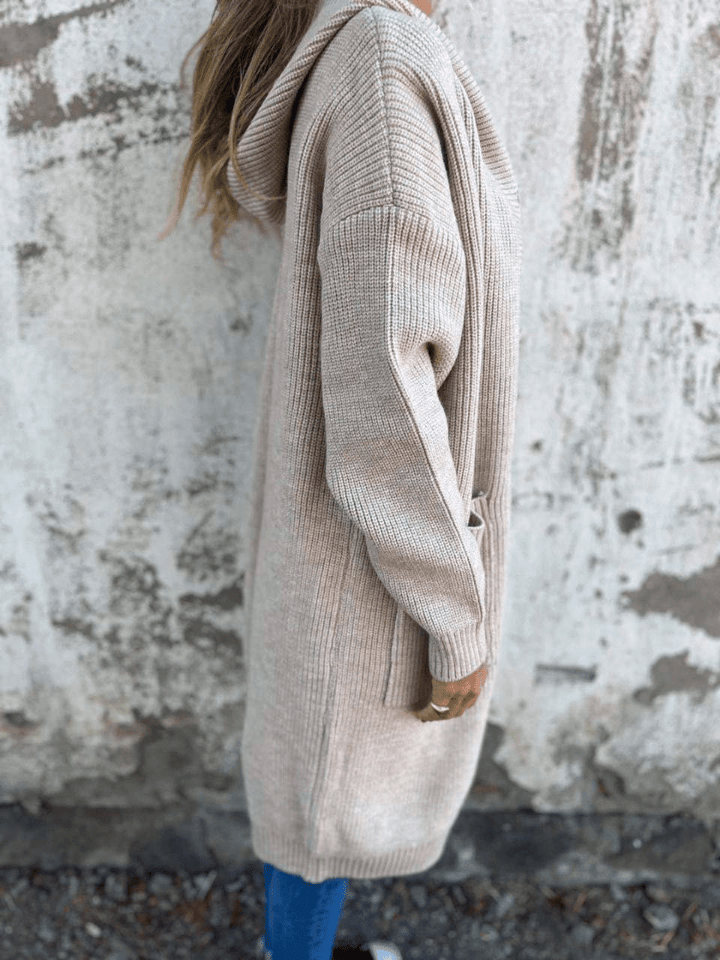 Sorvienne Relaxed Button Front Long Hooded Cardigan in Stone