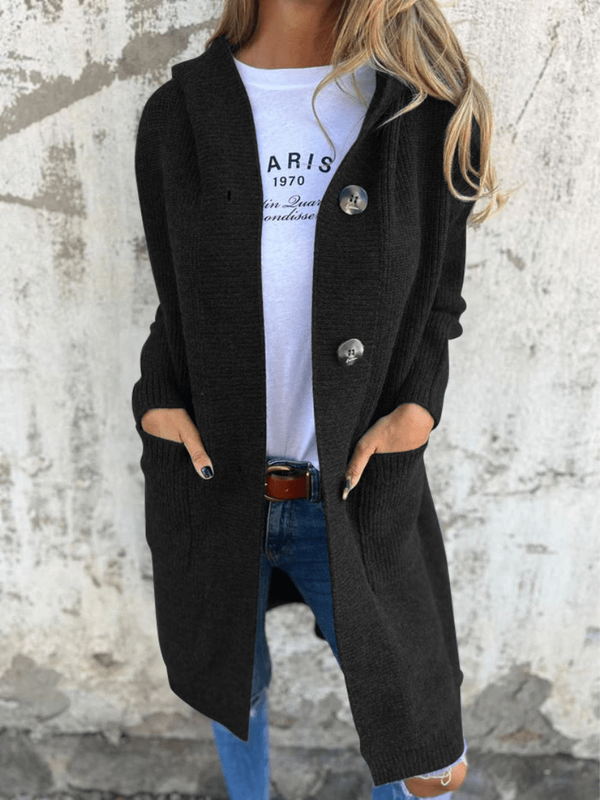 Sorvienne Relaxed Button Front Long Hooded Cardigan in Black