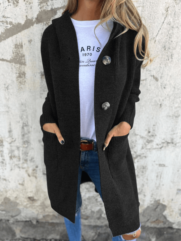 Sorvienne Relaxed Button Front Long Hooded Cardigan in Black