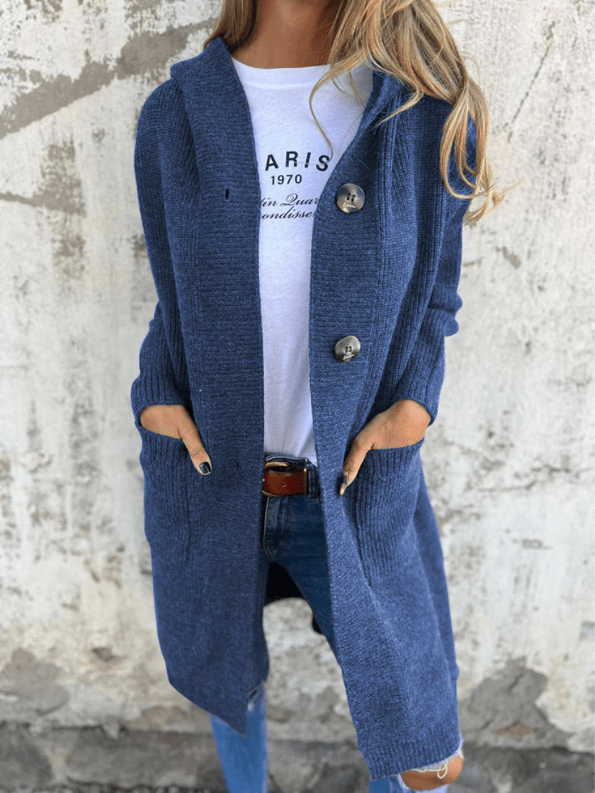 Sorvienne Relaxed Button Front Long Hooded Cardigan in Denim Blue