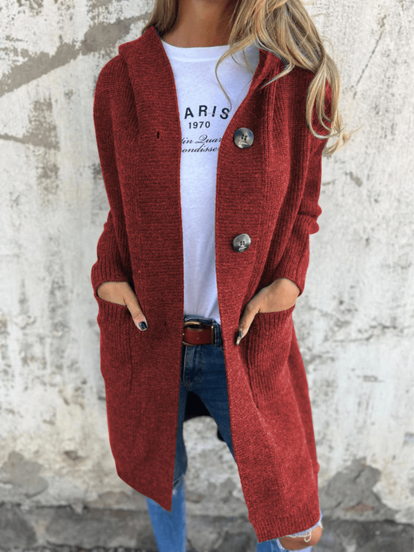 Sorvienne Relaxed Button Front Long Hooded Cardigan in Red