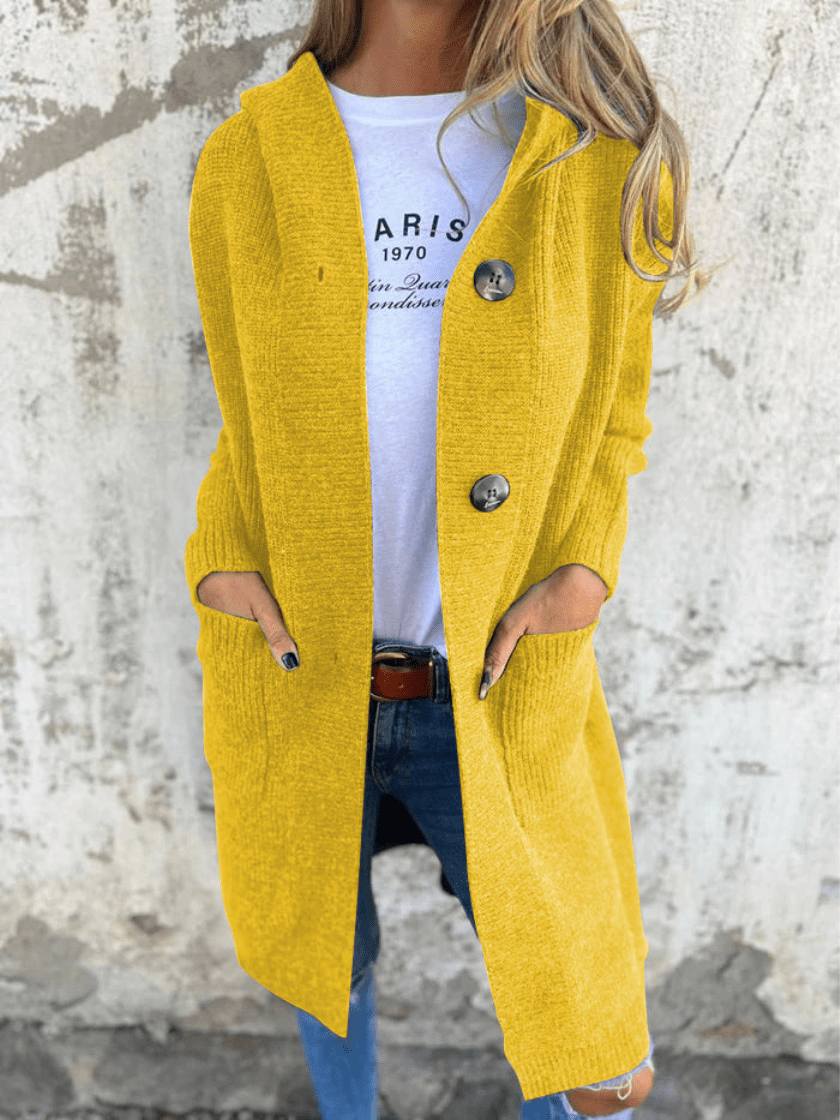 Sorvienne Relaxed Button Front Long Hooded Cardigan in Mustard