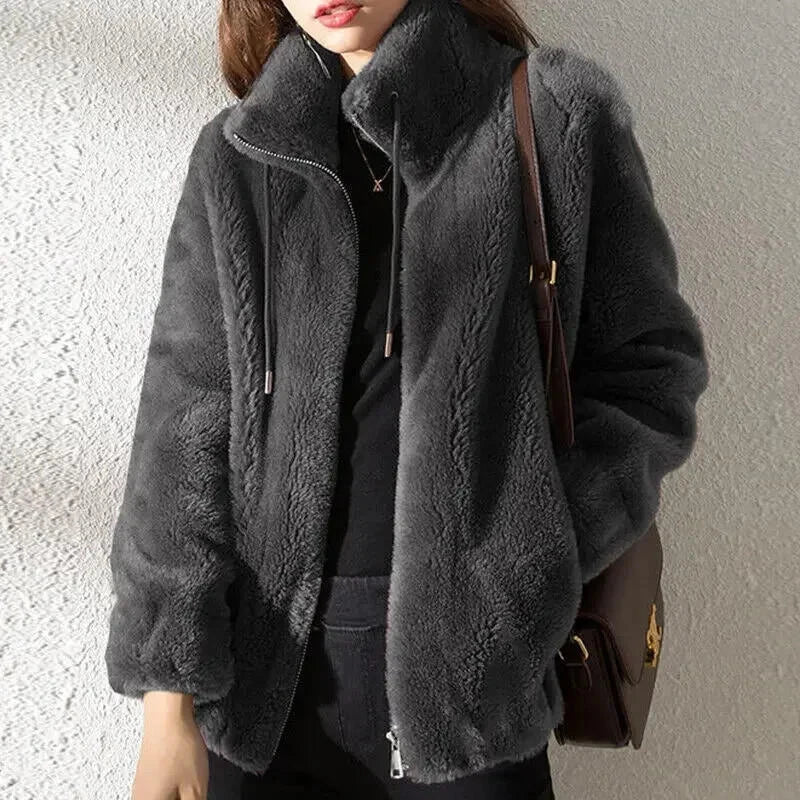 Sorvienne Relaxed Funnel Neck Teddy Jacket in Charcoal