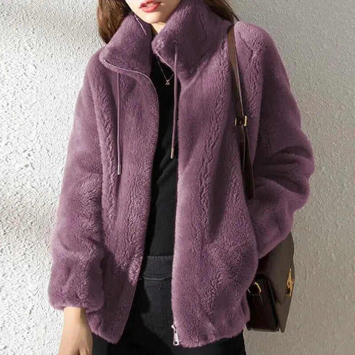 Sorvienne Relaxed Funnel Neck Teddy Jacket in Purple