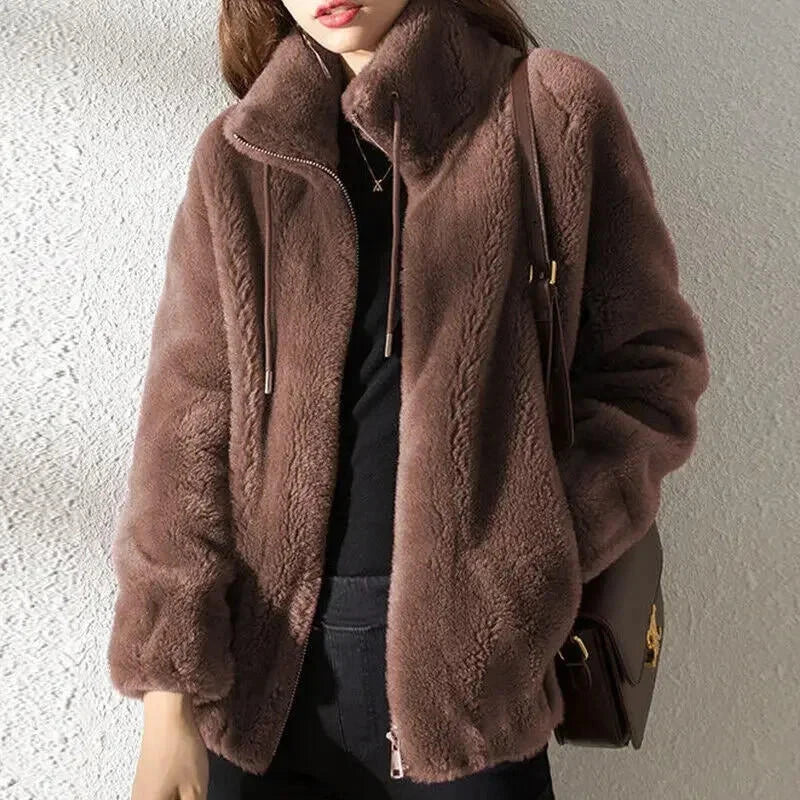Sorvienne Relaxed Funnel Neck Teddy Jacket in Mocha