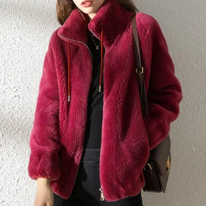 Sorvienne Relaxed Funnel Neck Teddy Jacket in Red
