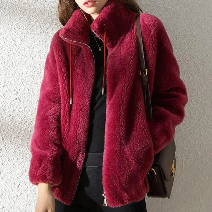 Sorvienne Relaxed Funnel Neck Teddy Jacket in Red