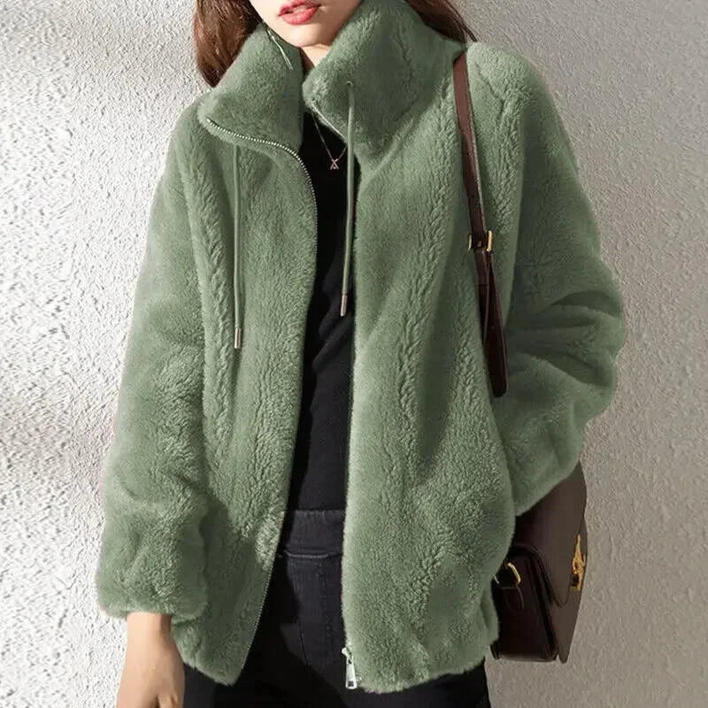 Sorvienne Relaxed Funnel Neck Teddy Jacket in Sage Green