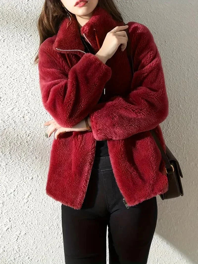 Sorvienne Relaxed Funnel Neck Teddy Jacket in Red