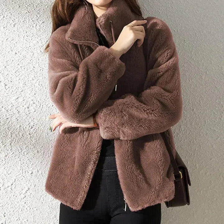 Sorvienne Relaxed Funnel Neck Teddy Jacket in Mocha