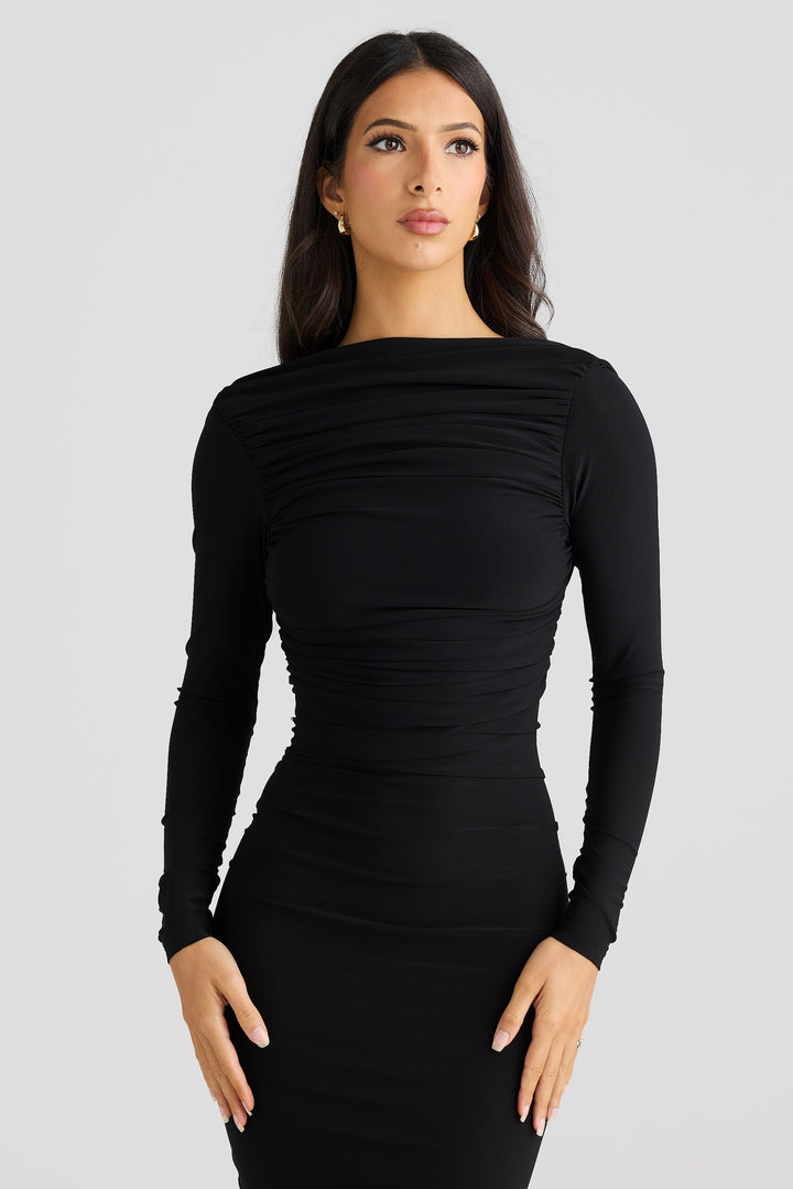 Sorvienne Ruched Open Back Long Sleeve Maxi Dress in Black