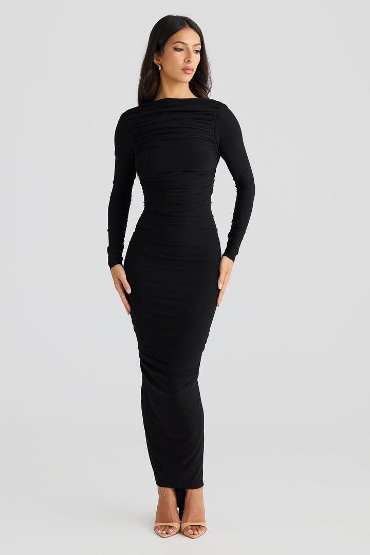 Sorvienne Ruched Open Back Long Sleeve Maxi Dress in Black