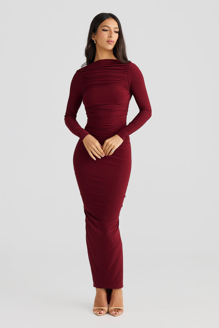 Sorvienne Ruched Open Back Long Sleeve Maxi Dress in Burgundy