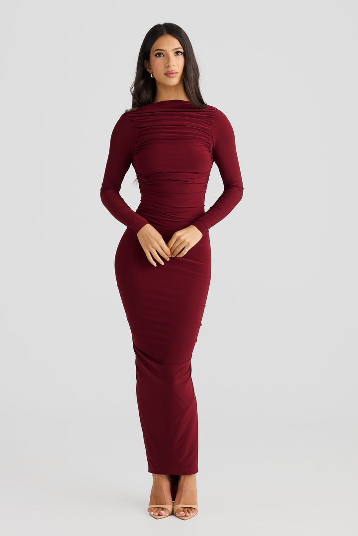 Sorvienne Ruched Open Back Long Sleeve Maxi Dress in Burgundy