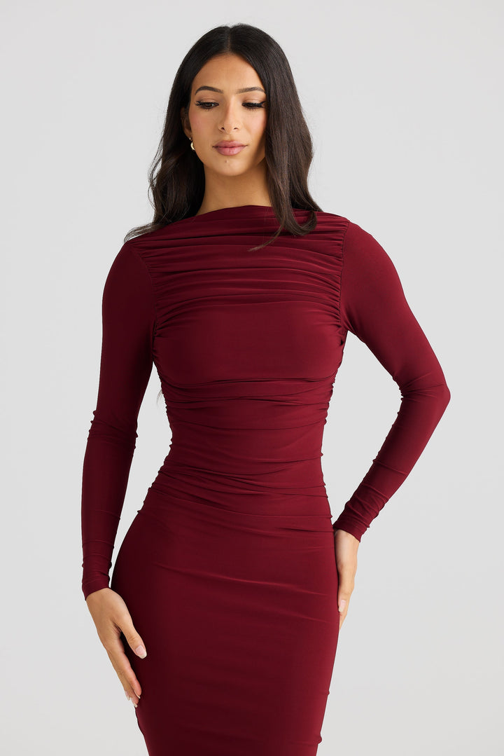 Sorvienne Ruched Open Back Long Sleeve Maxi Dress in Burgundy
