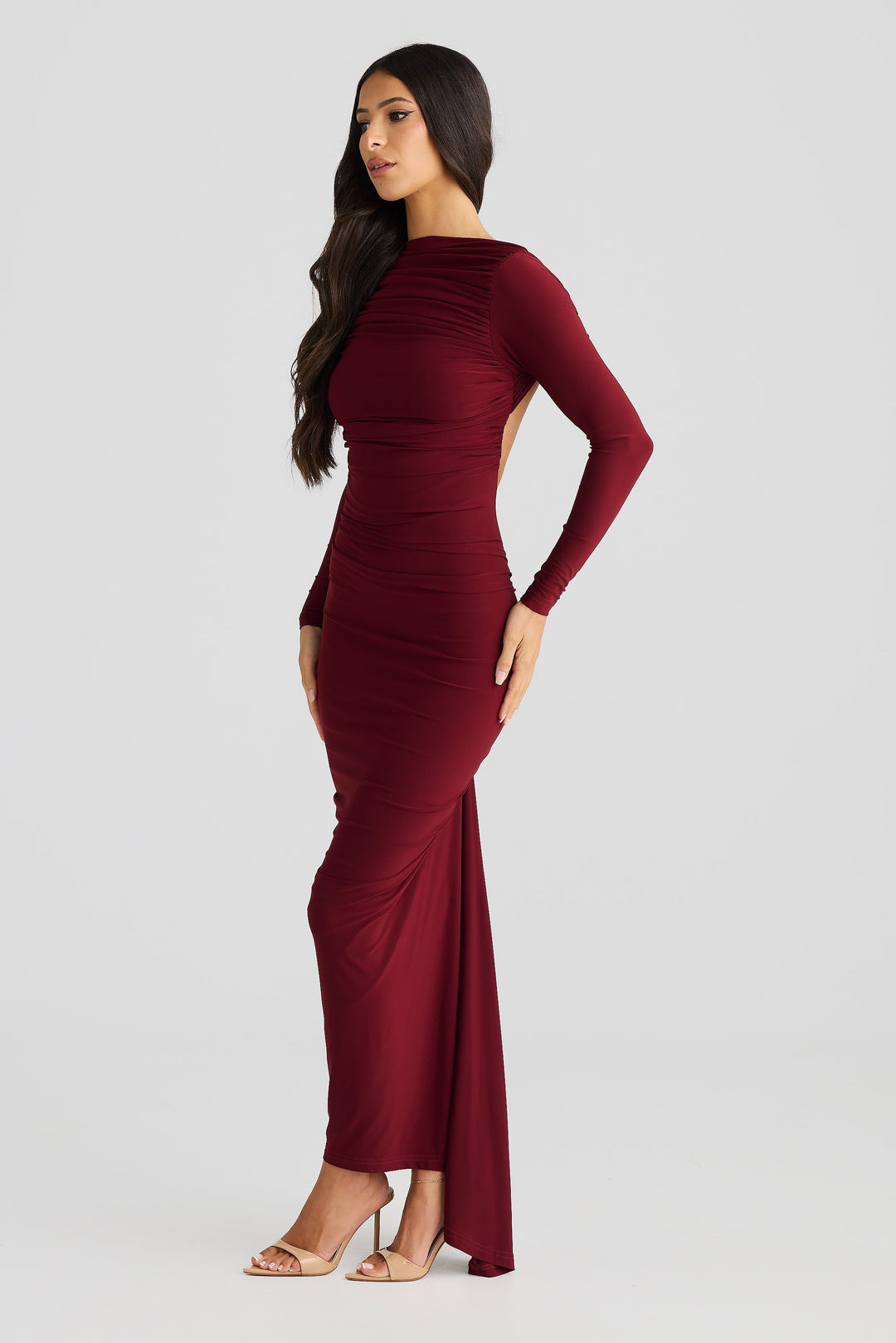 Sorvienne Ruched Open Back Long Sleeve Maxi Dress in Burgundy