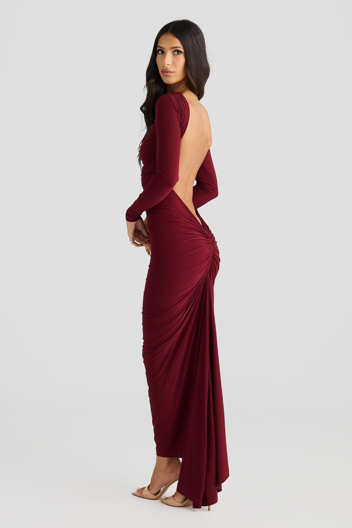 Sorvienne Ruched Open Back Long Sleeve Maxi Dress in Burgundy