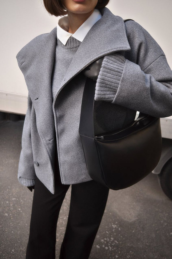 Sorvienne Oversized Cropped Double Breasted Coat in Grey