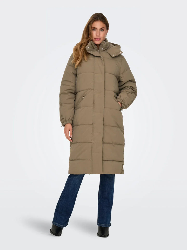 Sorvienne Hooded Longline Puffer Coat in Taupe