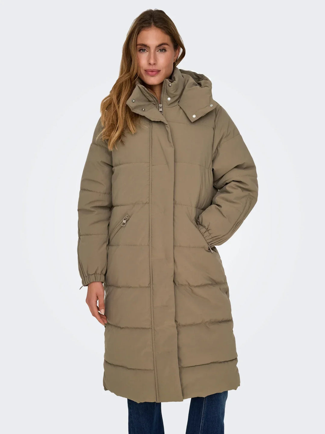 Sorvienne Hooded Longline Puffer Coat in Taupe