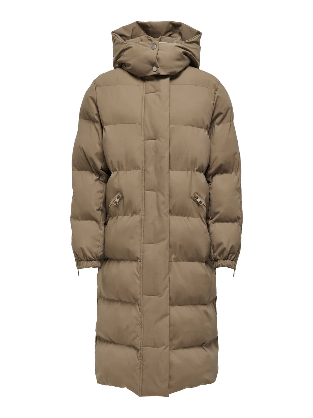 Sorvienne Hooded Longline Puffer Coat in Taupe