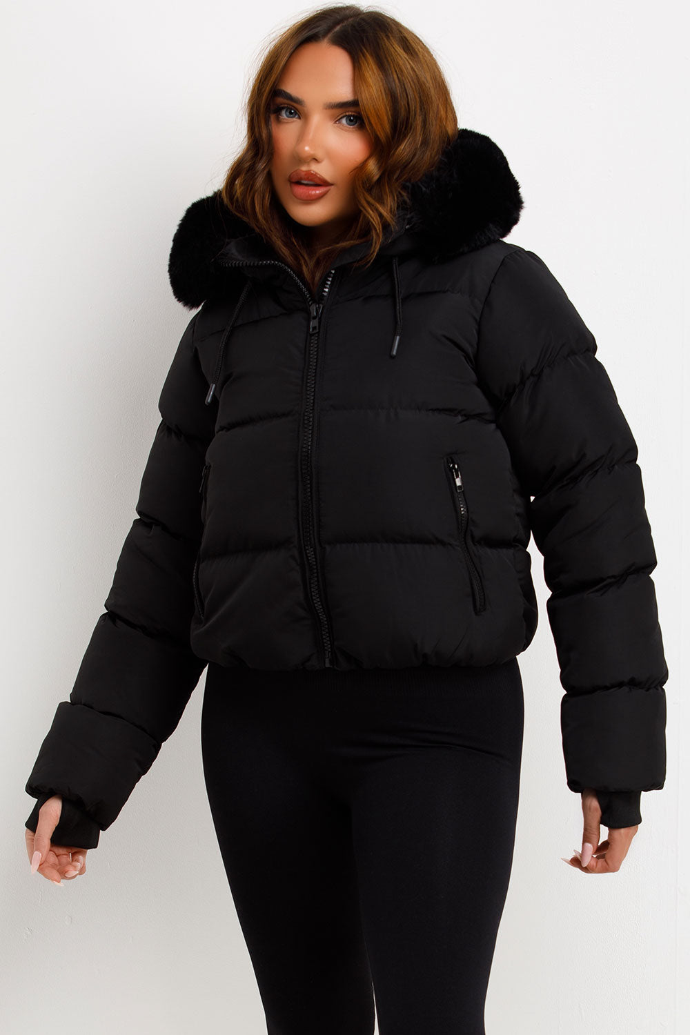 Sorvienne Faux Fur Hood Cropped Puffer Jacket