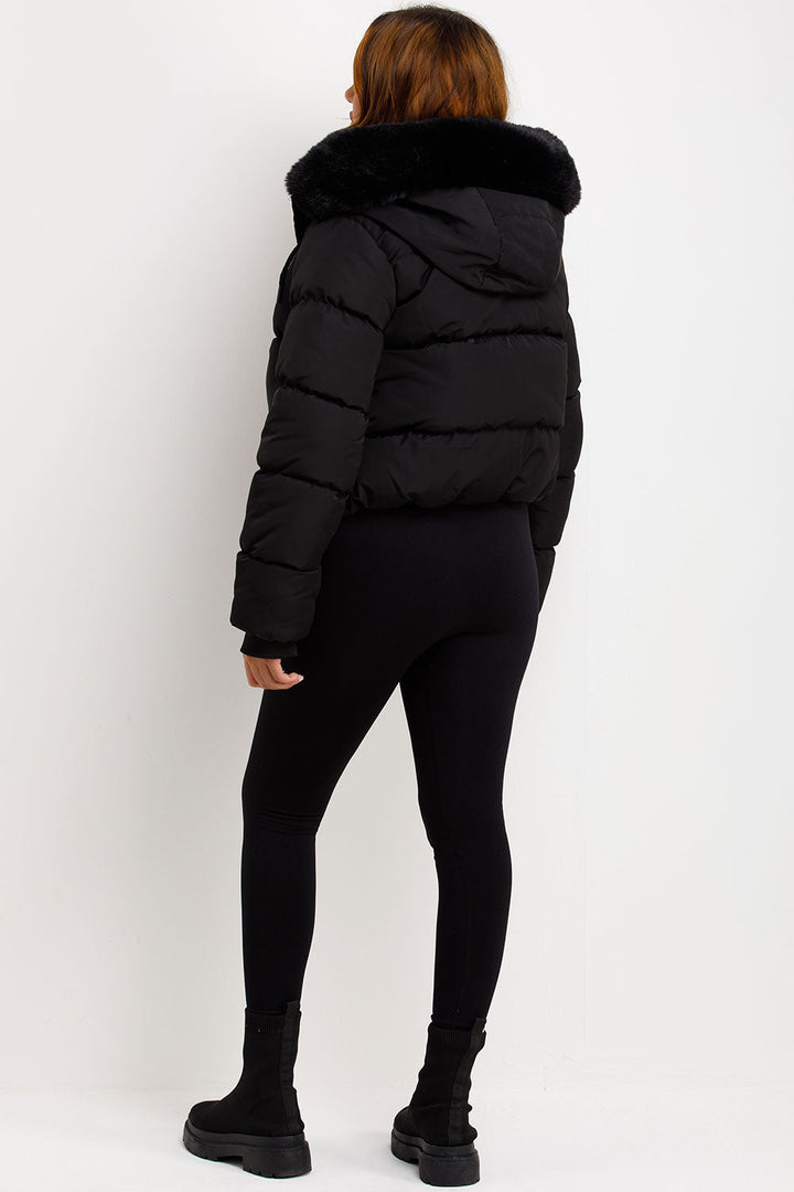 Sorvienne Faux Fur Hood Cropped Puffer Jacket