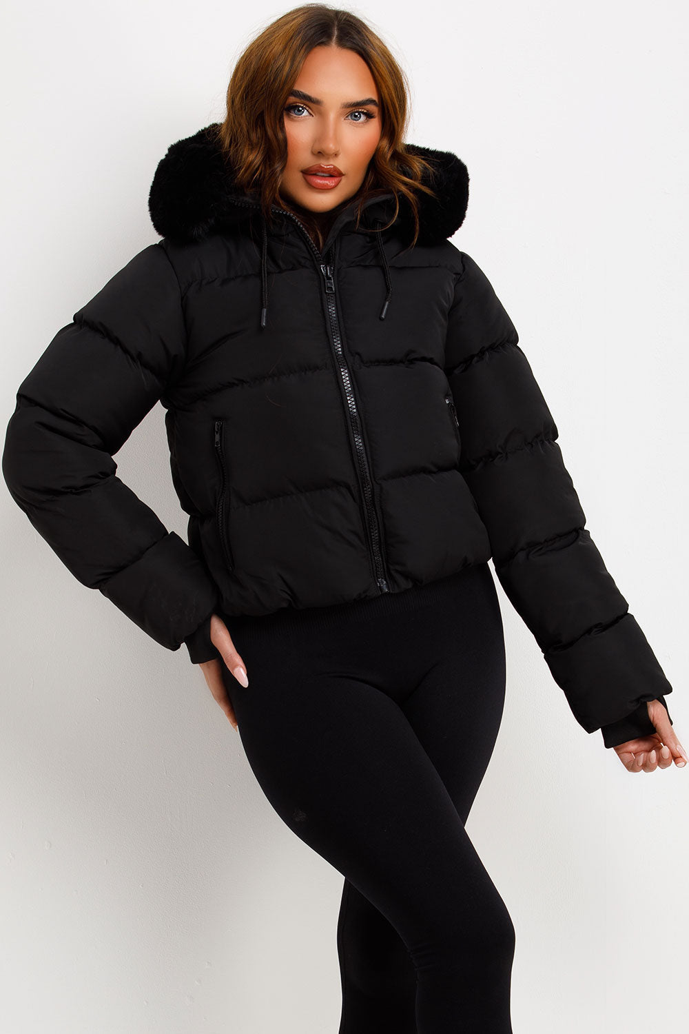 Sorvienne Faux Fur Hood Cropped Puffer Jacket