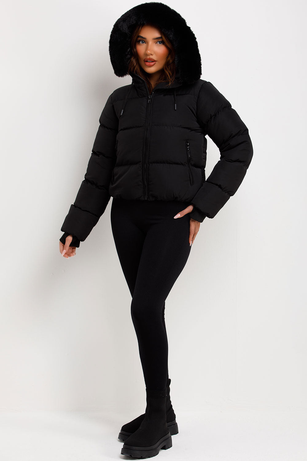 Sorvienne Faux Fur Hood Cropped Puffer Jacket