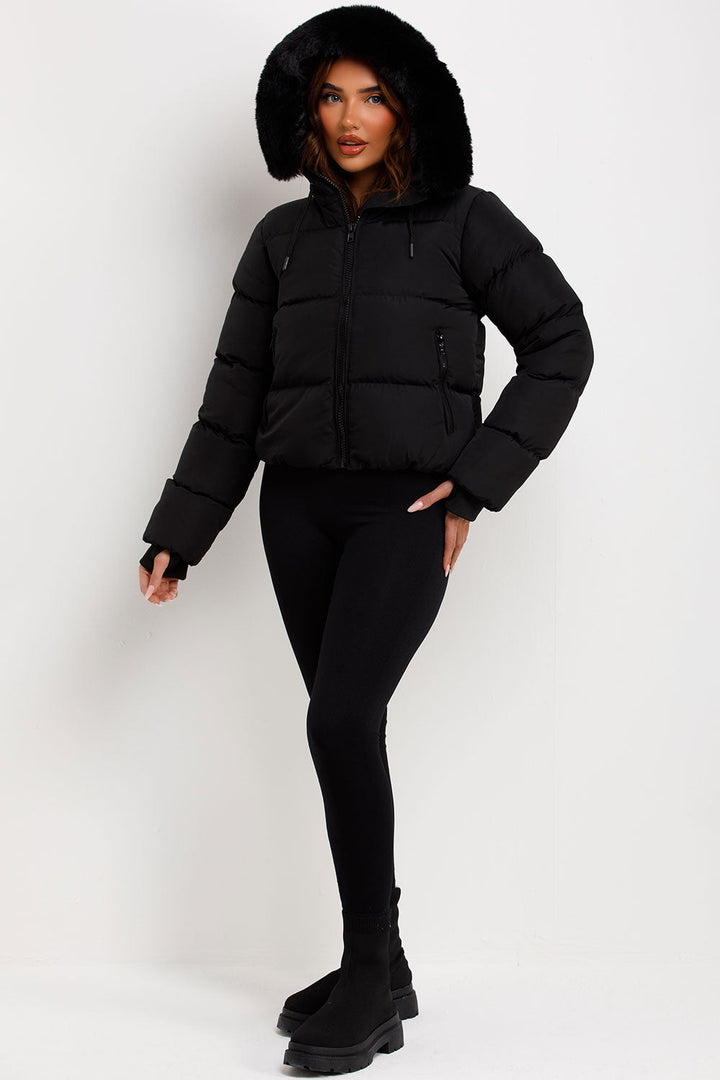 Sorvienne Faux Fur Hood Cropped Puffer Jacket