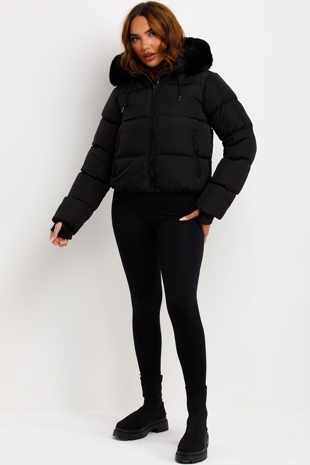 Sorvienne Faux Fur Hood Cropped Puffer Jacket