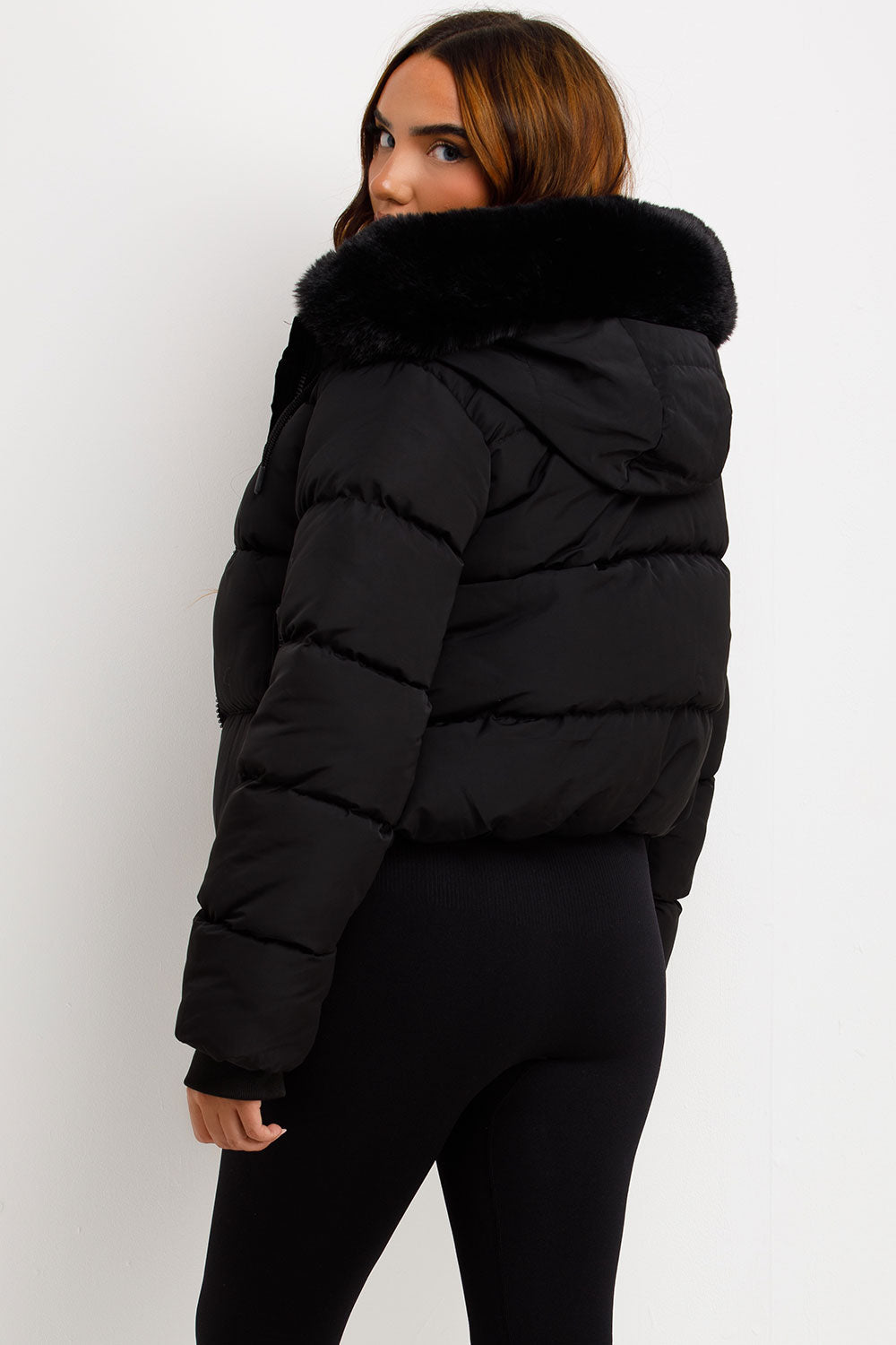 Sorvienne Faux Fur Hood Cropped Puffer Jacket