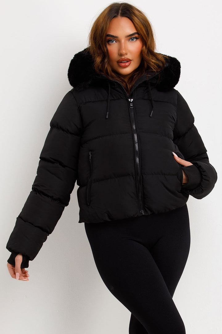Sorvienne Faux Fur Hood Cropped Puffer Jacket