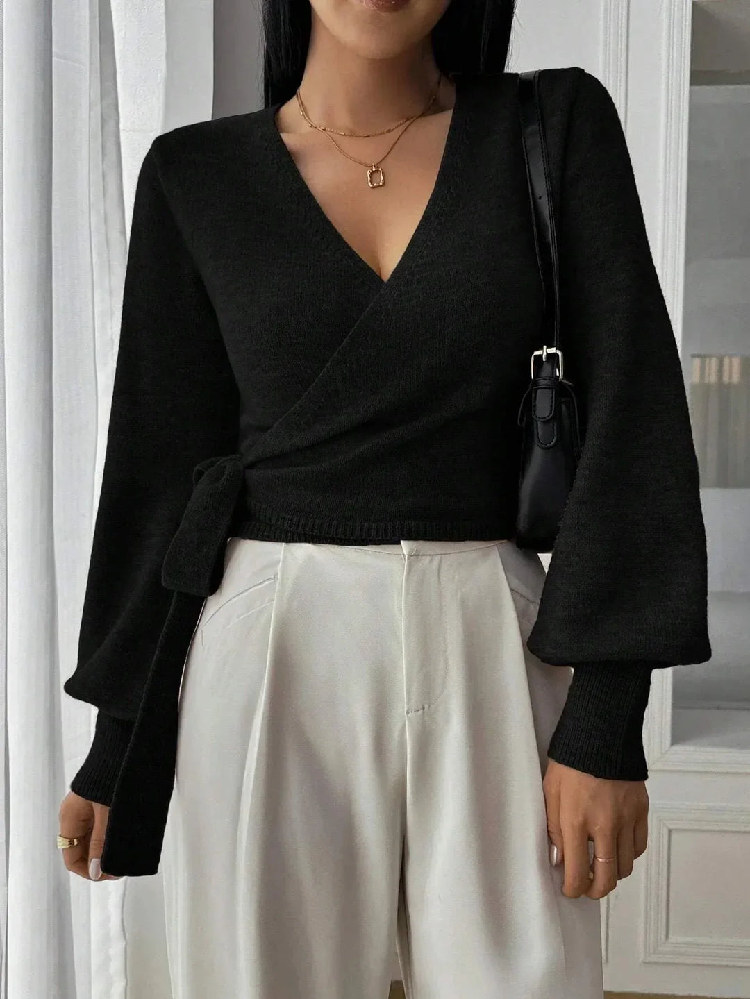 Sorvienne Tailored Balloon Sleeve Wrap Jumper in Black