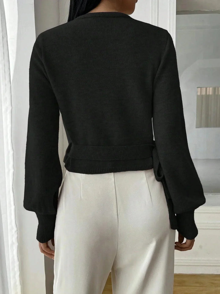 Sorvienne Tailored Balloon Sleeve Wrap Jumper in Black