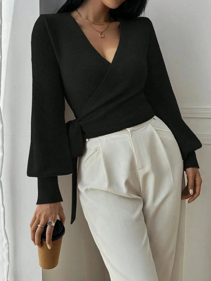 Sorvienne Tailored Balloon Sleeve Wrap Jumper in Black