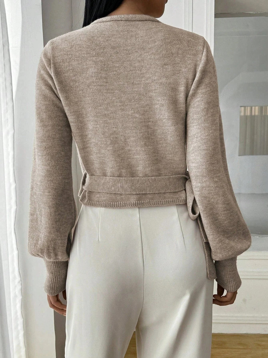Sorvienne Tailored Balloon Sleeve Wrap Jumper in Oatmeal