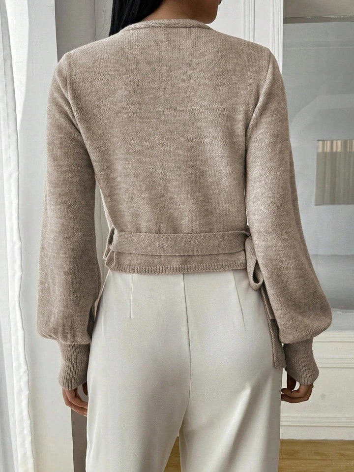 Sorvienne Tailored Balloon Sleeve Wrap Jumper in Oatmeal