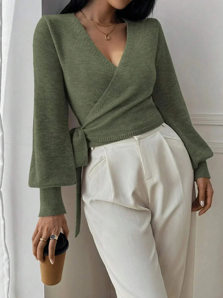 Sorvienne Tailored Balloon Sleeve Wrap Jumper in Sage Green