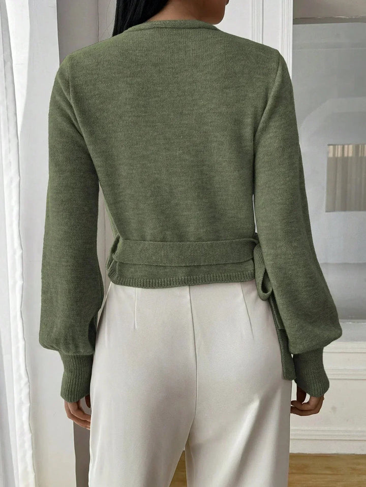 Sorvienne Tailored Balloon Sleeve Wrap Jumper in Sage Green