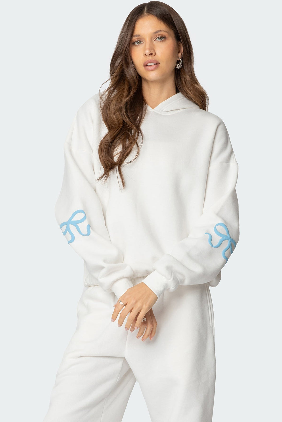 Sorvienne Relaxed Bow Embroidered Hoodie and Joggers Set in Cream