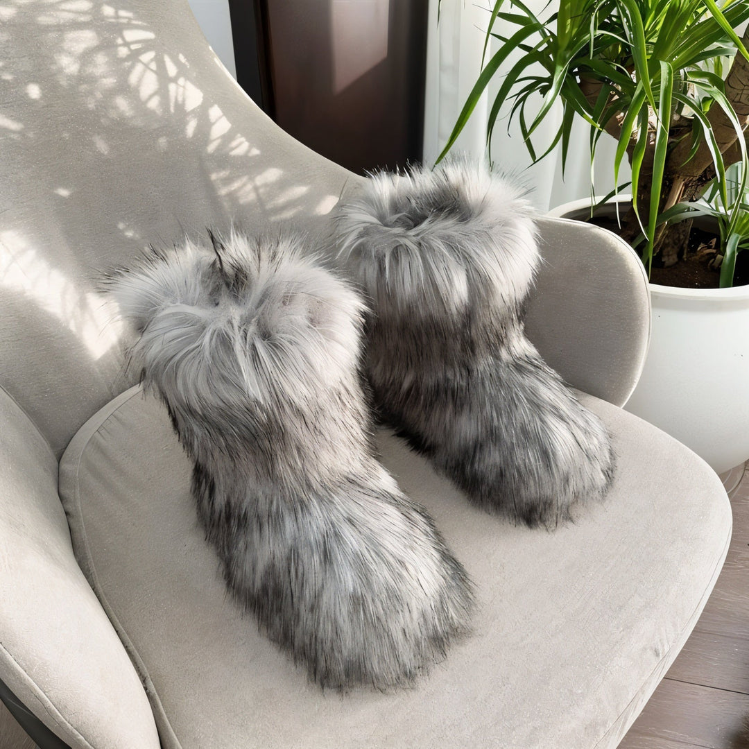 Sorvienne Fluffy Pull On Faux Fur Boots in Grey
