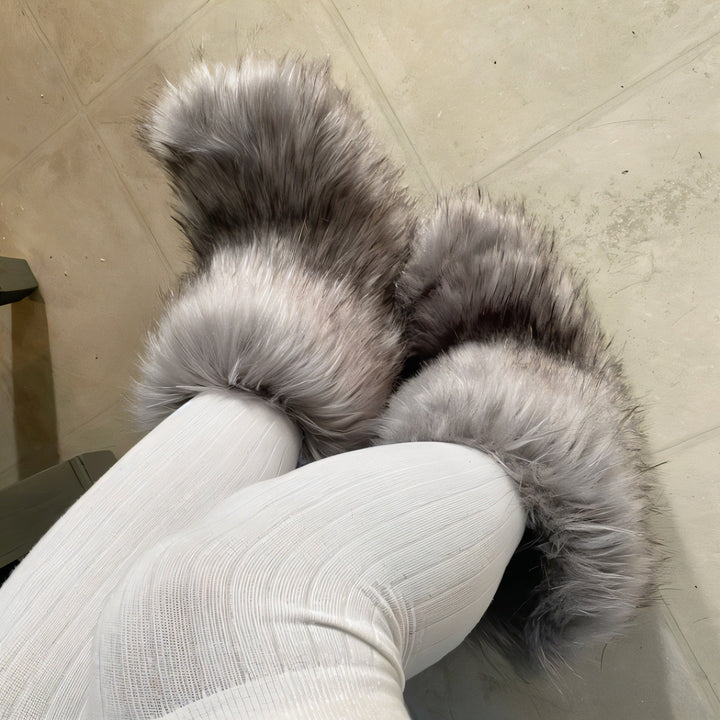 Sorvienne Fluffy Pull On Faux Fur Boots in Grey