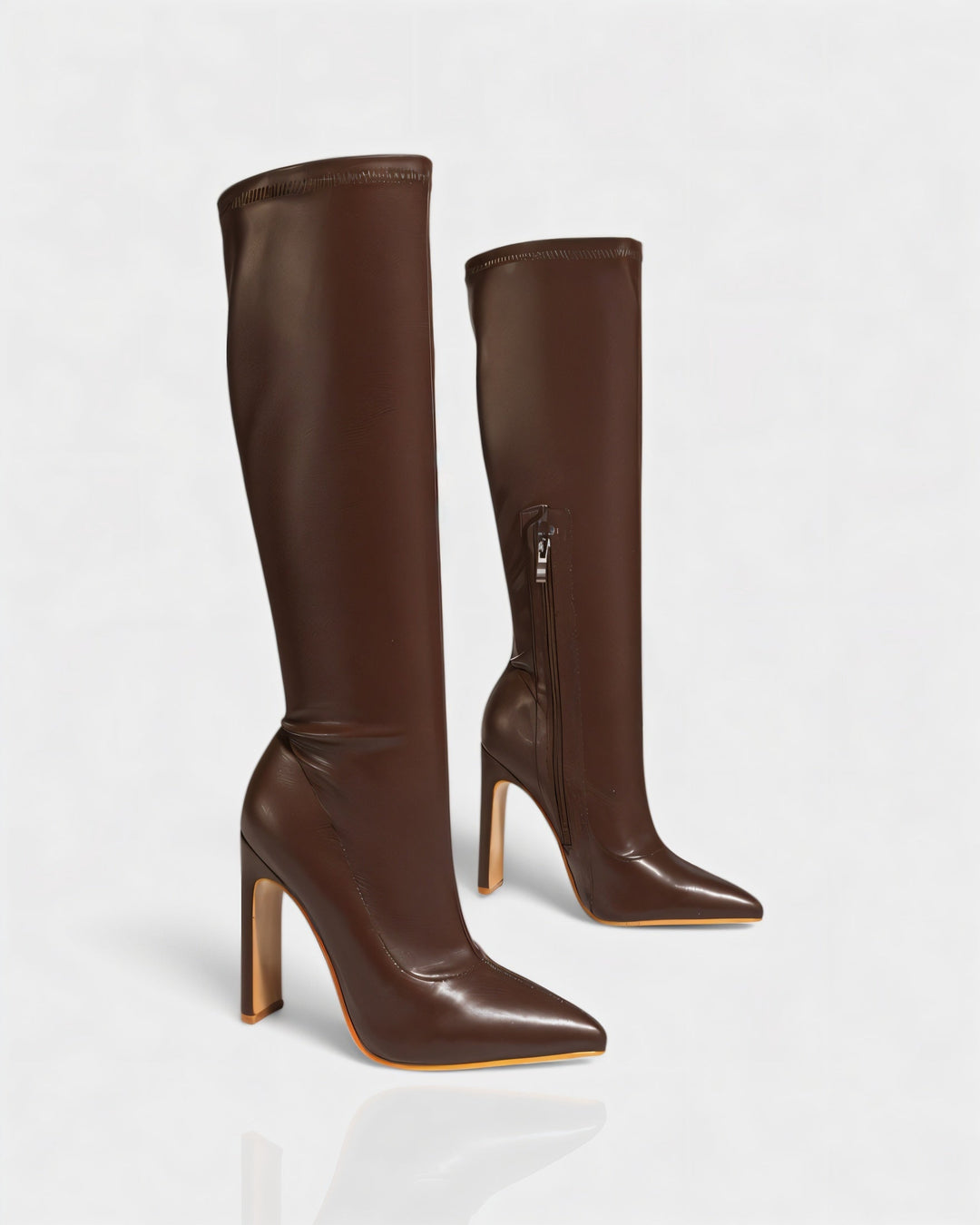 Sorvienne Pointed Stiletto Knee High Boots in Brown