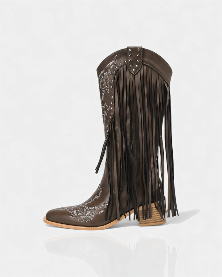Sorvienne Embroidered Block Heel Fringe Cowboy Boots in Brown