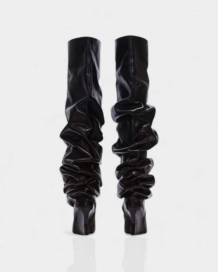Sorvienne Pointed Toe Wedge Heel Slouch Boots in Black