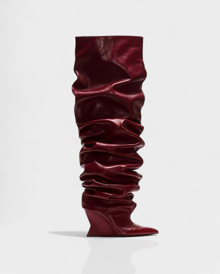 Sorvienne Pointed Toe Wedge Heel Slouch Boots in Burgundy