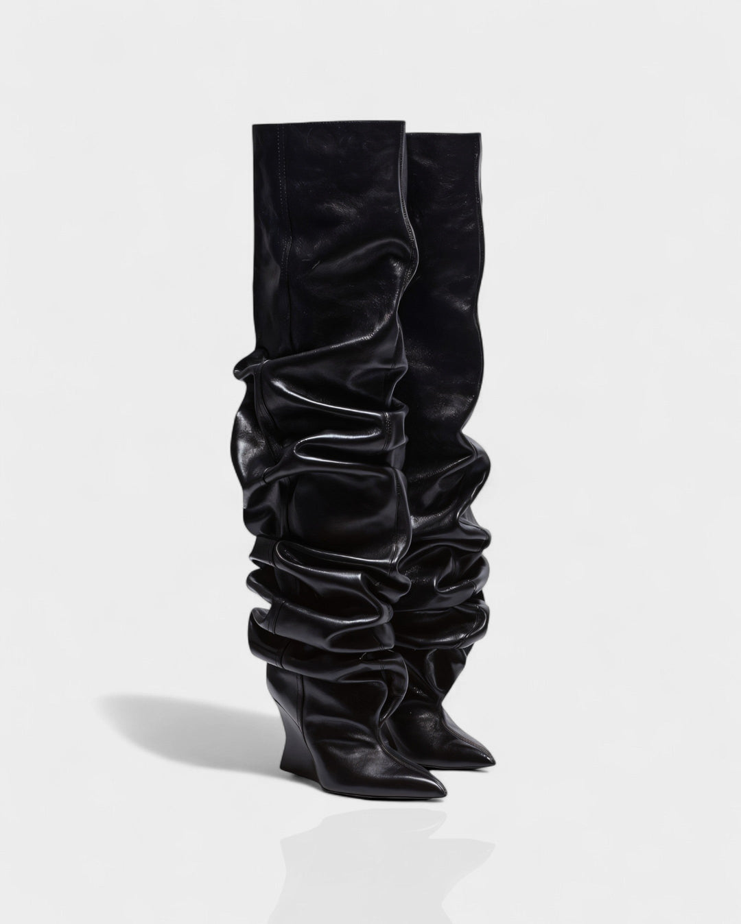 Sorvienne Pointed Toe Wedge Heel Slouch Boots in Black