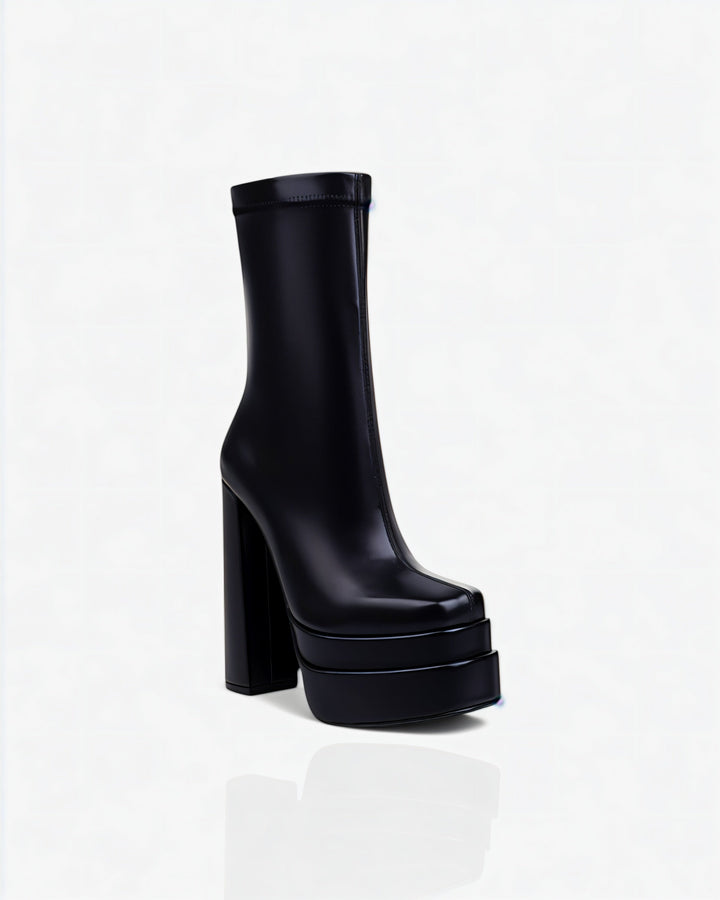Sorvienne Block Heel Platform Ankle Boots in Black