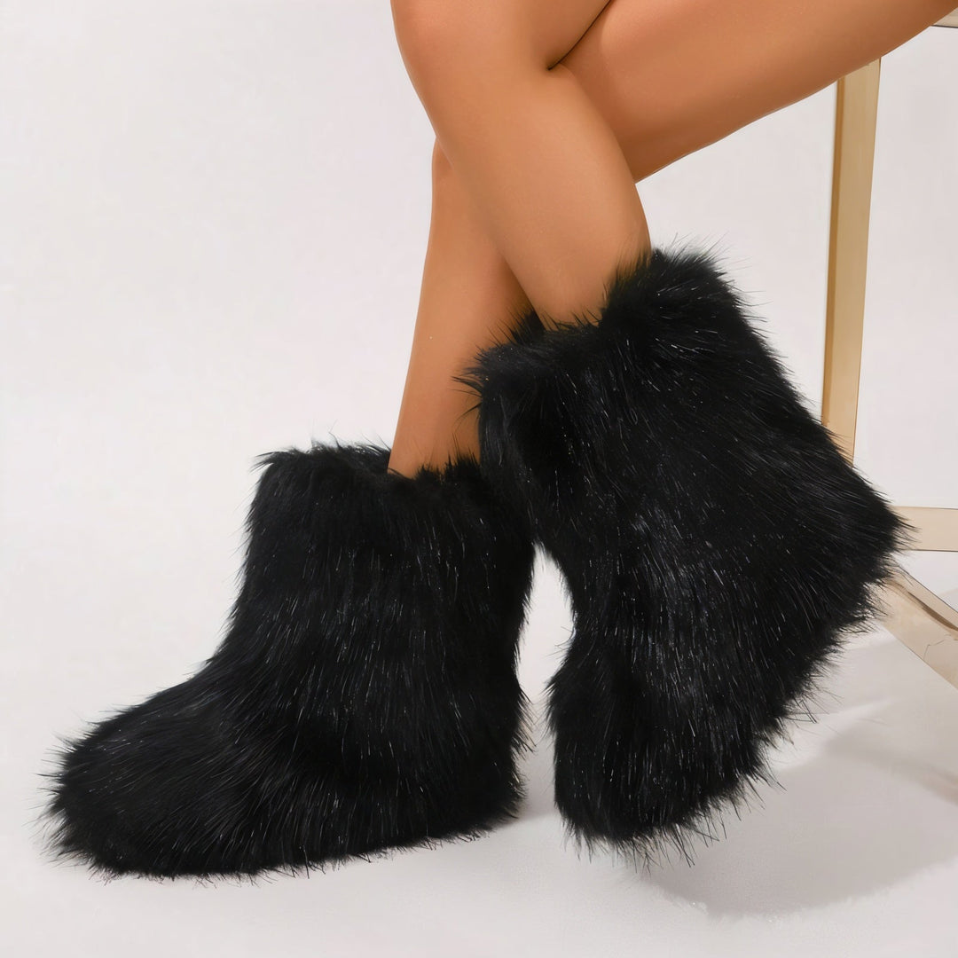 Sorvienne Fluffy Pull On Faux Fur Boots in Black